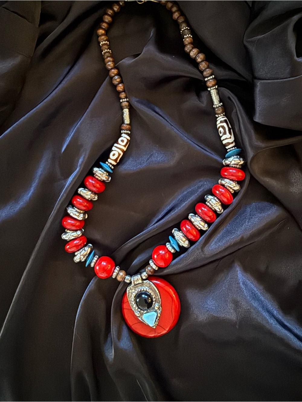 Handmade Rare Red Beaded Statement Necklace with Eye Pendant